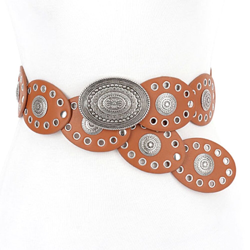 BNWT Rivets Faux Leather Statement Western Oval Buckle Belt Boho Belt